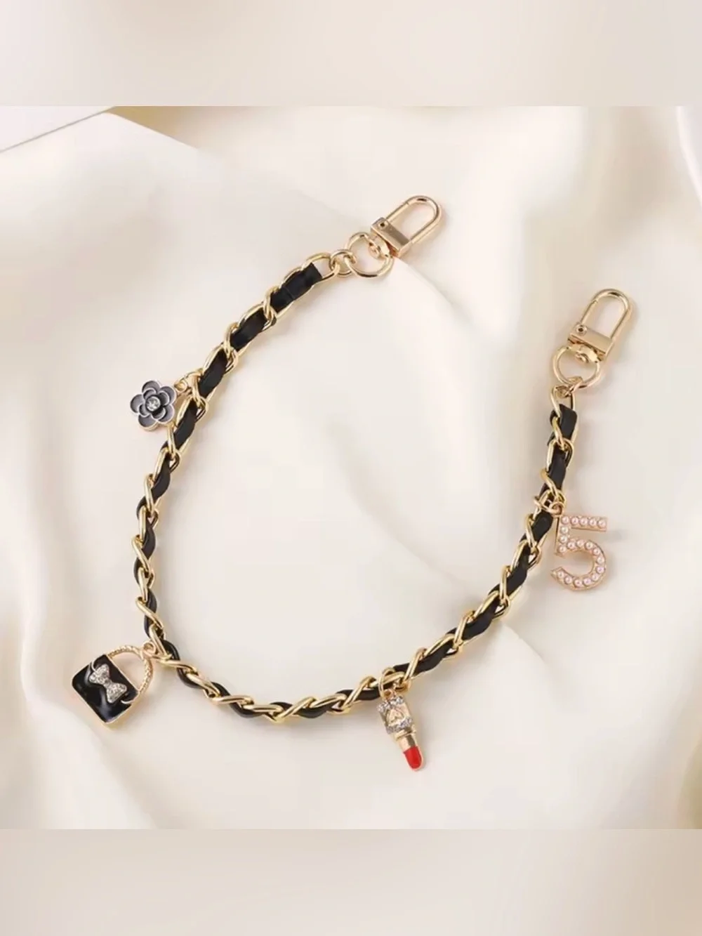 Gold Chain Charm Strap with Black Leather Weave